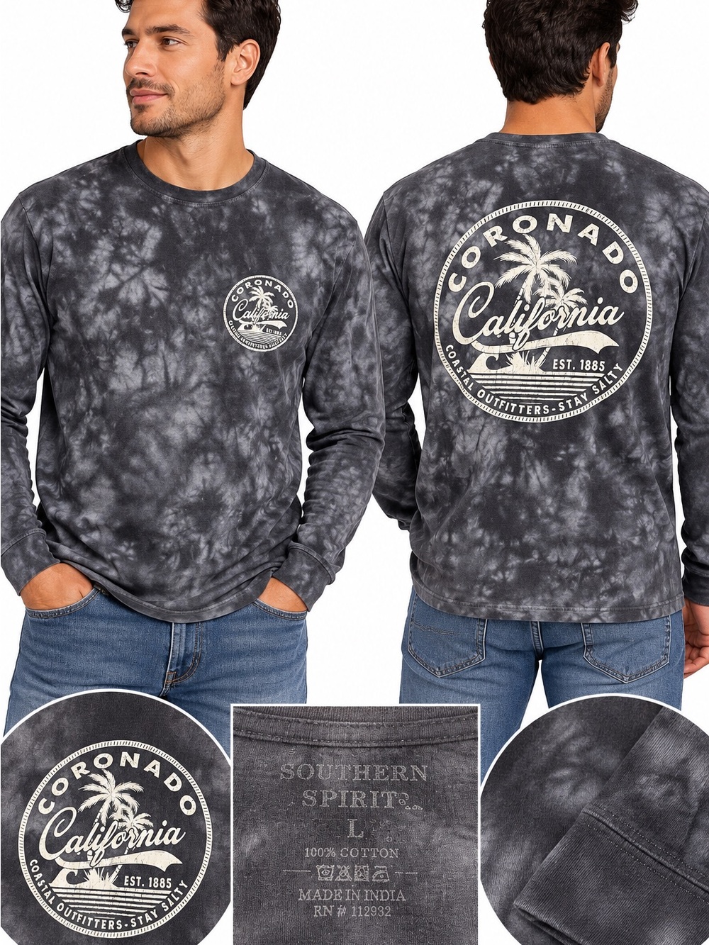 Spirit Black Gray Tie-Dye Long Sleeve Tee
